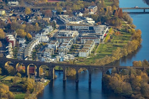 Aerial view, Ruhr viaduct and Ruhr-Aue district with Ruhr promenade on the Ruhr river in Herdecke,