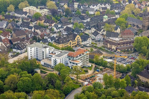 Aerial view, construction site and new construction at the retirement home GVS Herdecke, The View,