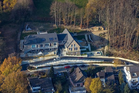Aerial view, construction site and new building for a Waldorf kindergarten on Bergweg in the