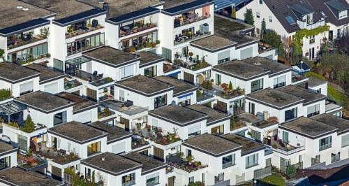Aerial view, terraced houses, housing estate Auf der Heide in the district Westende in Herdecke,