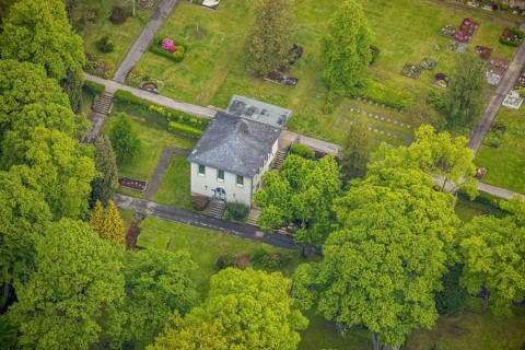 Aerial view, chapel of the städt. Cemetery, Wienberg, Herdecke, Ruhr area, North Rhine-Westphalia,