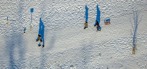 Aerial view, snow walk in Flottmannpark, Herne-Süd, Herne, Ruhr area, North Rhine-Westphalia,