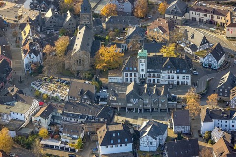 Aerial view, old town with town hall and protestant collegiate church in Herdecke, Ruhr area, North