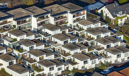 Aerial view, terraced houses, housing estate Auf der Heide in the district Westende in Herdecke,