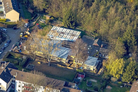 Aerial view, construction site with extension kindergarten Zum Kuckuck in the district Westende in