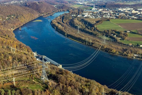 Aerial view, power pole and power line at the Köpchenwerk over the Hengsteysee in Herdecke, Ruhr