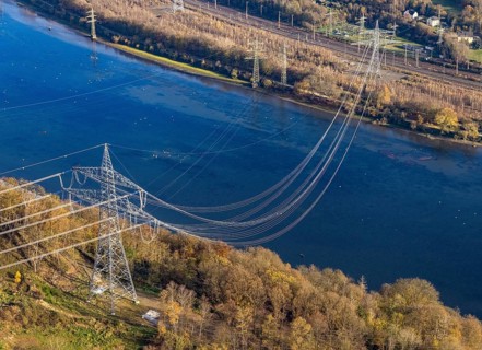 Aerial view, power pole and power line at the Köpchenwerk over the Hengsteysee in Herdecke, Ruhr