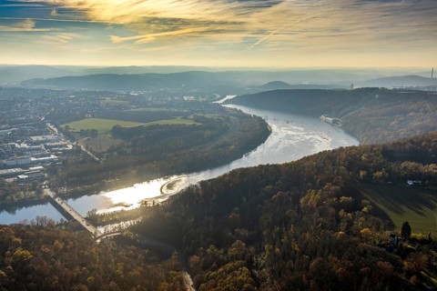 Aerial view, Hengsteysee in backlight with the Köpchenwerk RWE pumped storage power plant between