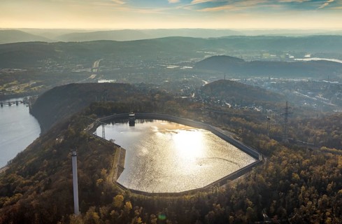 Aerial view, reservoir at Köpchenwerk in backlight in the district Wittbräucke in Herdecke, Ruhr