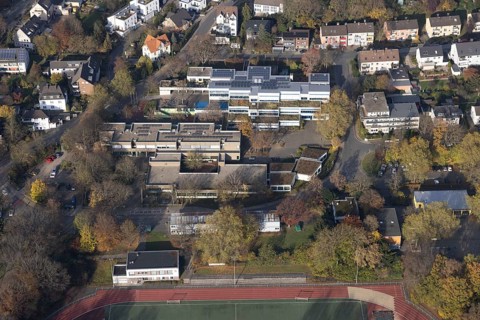 Aerial photo, Werner Richard School with solar roof and secondary school at Bleichstein in