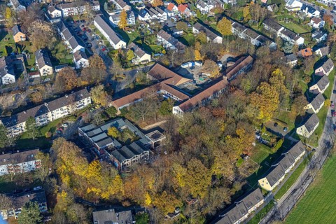 Aerial view, demolition work of the former primary school in the village and the former Albert