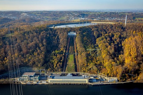 Aerial view, Köpchenwerk RWE pumped storage power plant and storage reservoir in Herdecke, Ruhr