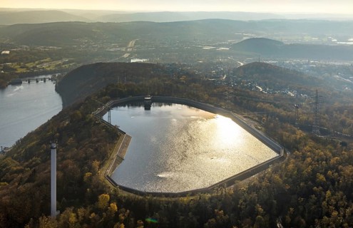 Aerial view, reservoir at Köpchenwerk in backlight in the district Wittbräucke in Herdecke, Ruhr