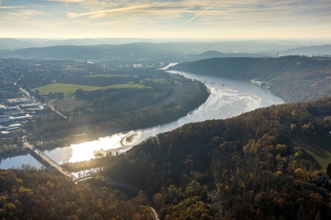 Aerial view, Hengsteysee in backlight with the Köpchenwerk RWE pumped storage power plant between