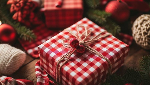 Festive Gift Boxes In Red Checked Paper With Work Space Essentials. Perfect For Valentine'S Day,
