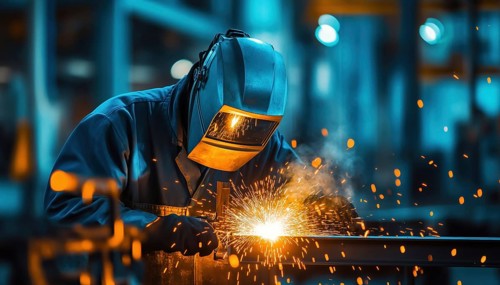 Metalworker Uses Electric Torch To Weld Steel, Wearing Mask For Safety. Skilled Laborer Works In