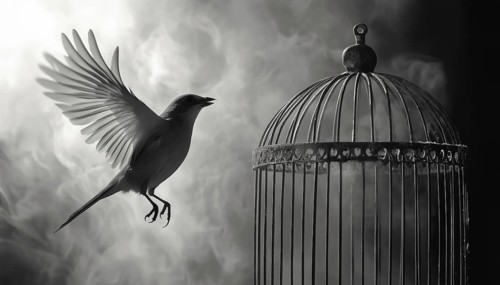 Black And White Hand Drawn Image Capturing Birds Soaring Out Of A Cage - A Detailed Illustration Of