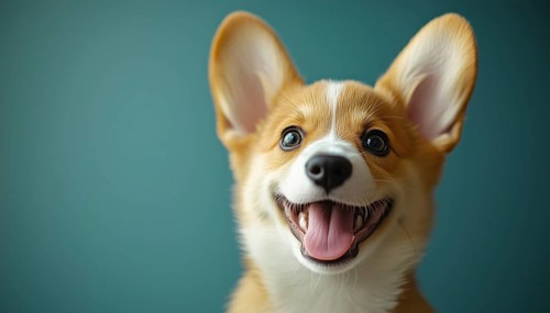 Close-Up Portrait Of A Adorable Corgi Puppy Smiling On A Gray Background With Copy Space For