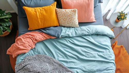 Comfortable Bed With Cotton Blanket And Pillows: Top-View Of Cozy Bed With Beddings In Modern
