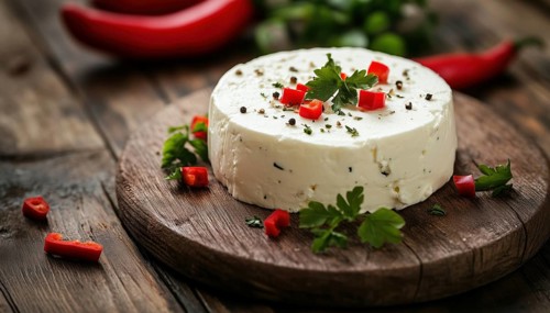 Close-Up Of Traditional Feta Cheese With Red Peppers On Vintage Wooden Board: Round, Homemade,
