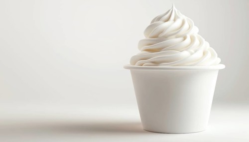 Whipped Cream Or Soft Ice Cream In A White Cup, Realistically Presented Against A White Background.