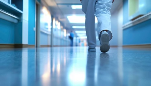 Hospital Patient Taking A Walk In The Facility: A Person Under Medical Care Strolling Along The