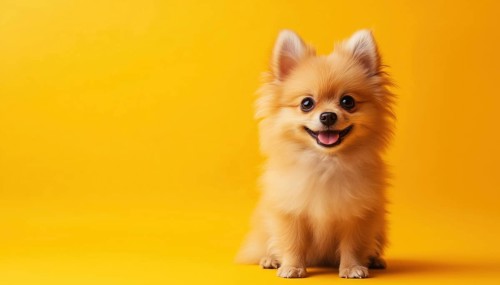 Adorable Pomeranian Spitz Puppy Portrait On Vibrant Yellow Background With Space For Text. Small