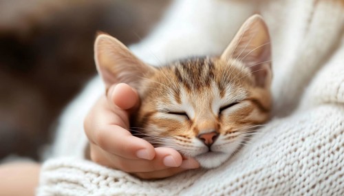 Close-Up Pet Care: Child In White Sweater Caring For Abyssinian Kitten, Stroking Cat'S Head With