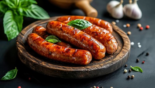 Wooden Plate Presentation Of Mini Smoked Sausages With Garlic And Basil On A Dark Background: The