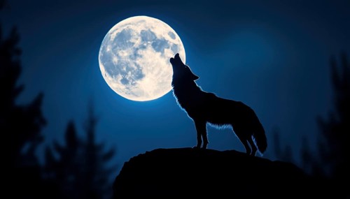 Howling Wolf Silhouette On Abstract Blue Background Underneath A Full Moon - Stunning Nighttime