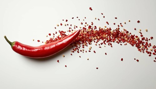 Red Chili Pepper Seed Explosively Burst Out Over A White Background, Showcasing Vibrant Colors And