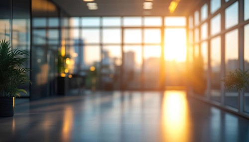 Gorgeous Blurred View Of A Bright Modern Office Interior With Panoramic Windows And Stunning
