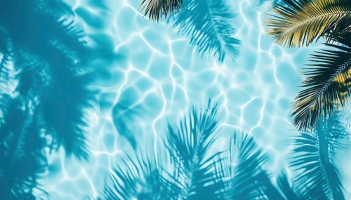 Top View Of Blue Water Pool With Aqua Waves And Palm Shadows - Tropical Summer Mockup For Luxury