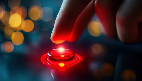 Hand Pressing Red Start Button On Touch Screen With Finger. The Act Of Initiating An Action By