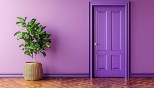 Elegant Purple Living Room With Classic Purple Door And Wicker Vase Of Plants, Accentuated By Brown