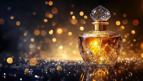 Luxurious Perfume Bottle Adorned With Crystals On A Dark Shiny Mock Up: Glass Flask Containing Gold