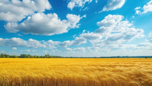 Vibrant Agriculture Field In Southern Ukraine: Golden Wheat, Blue Sky, And Fluffy Clouds Above - A