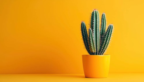 Contemporary Pop Art: Green Cactus In Decor Pot On Bright Orange Pastel Background With Vibrant