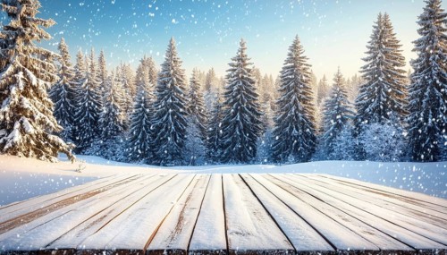 Winter Wonderland: A Scenic Christmas Landscape With Copy Space. Snow-Covered Wooden Flooring In A