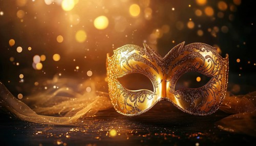 Glamorous Golden Venetian Ball Mask On Dark Background With Space For Text. Perfect For Masquerade