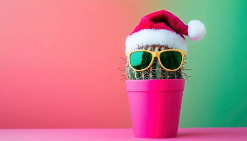 Funky Pop Art Christmas In Summer: Santa Cactus With Sunglasses And Santa Claus Hat On Bright