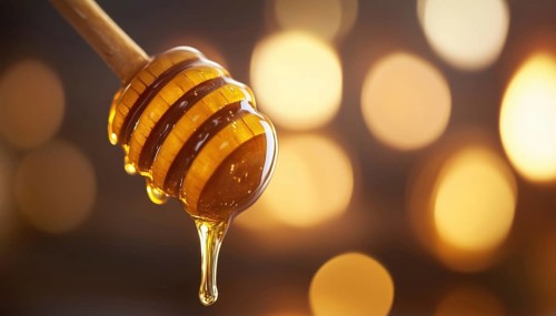 Golden Honey Flowing Out From A Handcrafted Wooden Honey Dipper, Creating A Sweet And Delicious