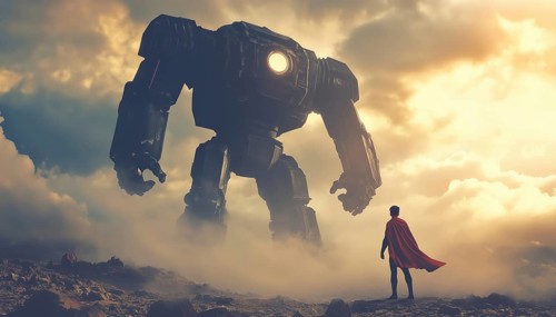Superhero Battling Enormous Evil Robot - Exciting Clash Of Good Versus Evil In A High-Stakes