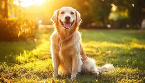 Gorgeous And Intelligent Golden Retriever Enjoying The Sun In A Lush Garden Park. A Pet'S Paradise