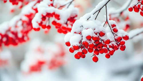 Breathtaking Winter Landscape: Snow-Laden Rowan Tree Branches With Vibrant Red Berries. Close-Up