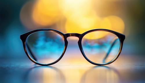 Close-Up Of Eyeglasses With Progressive Lenses For Elderly People On Table, Soft Focus Background,
