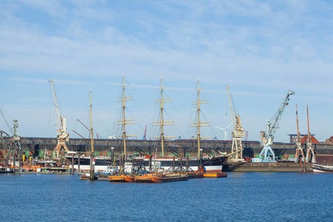 German Harbour Museum with four-masted barque Peking in the Hansa Harbour, Veddel, Hamburg, Germany
