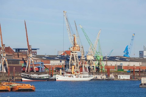 German Harbour Museum with traditional skis in the Hansa Harbour, Veddel, Hamburg, Germany