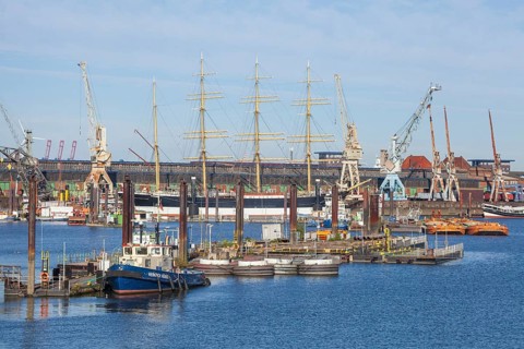 German Harbour Museum with four-masted barque Peking in the Hansa Harbour, Veddel, Hamburg, Germany