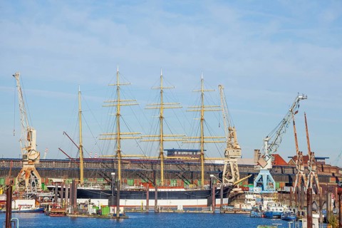 German Harbour Museum with four-masted barque Peking in the Hansa Harbour, Veddel, Hamburg, Germany